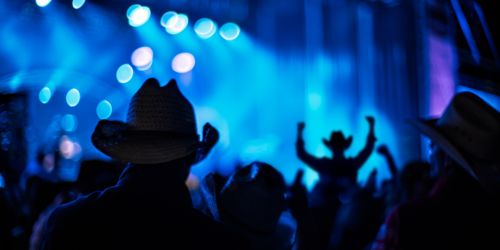 Silhouetted audience with cowboy hats at a country music concert 
