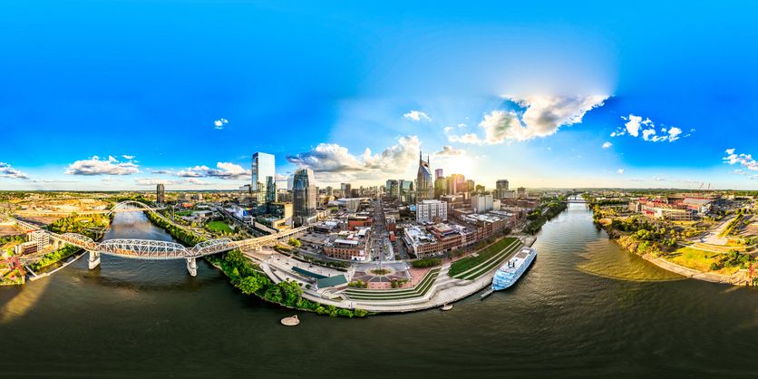 Nashville city-wide view with wide blue sky and clouds on a bright spring day