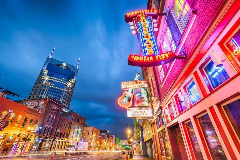 Nashville honky tonk and Batman building in distance.