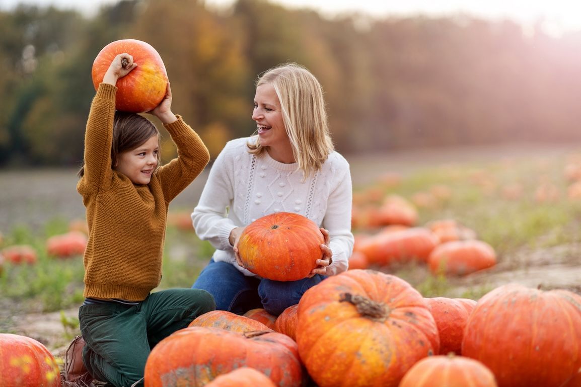 Mother and child picking pumpkins at a Nashville pumpkin patch on a sunny fall day, surrounded by orange pumpkins and autumn colors.